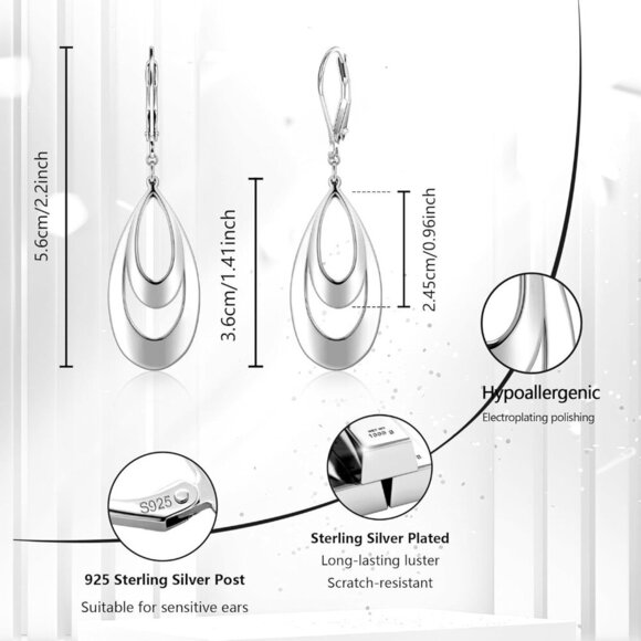 925 Sterling Silver Double Teardrop Leverback Dangle Trendy Earrings for Women - Picture 4 of 6